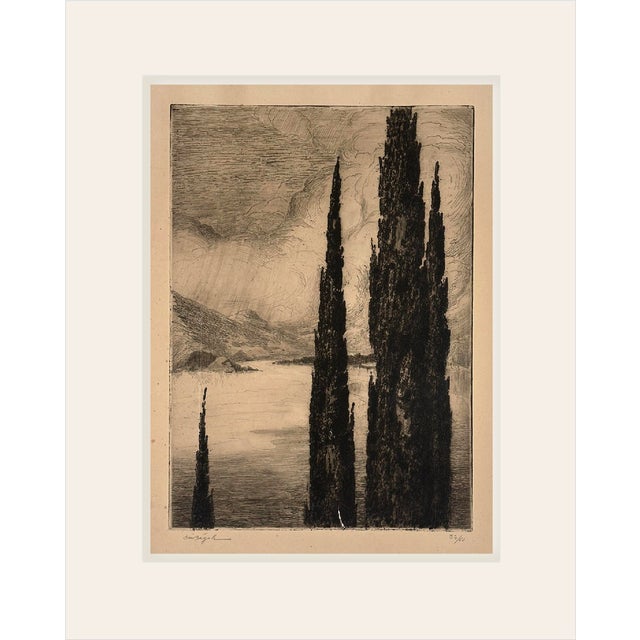 Vintage French Black and White Landscape Etching on Paper With Mat For Sale