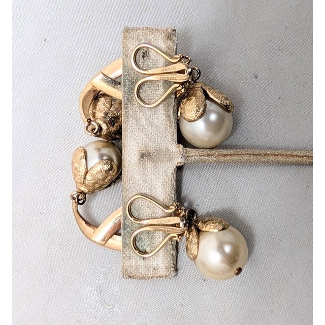 Metal Vintage 1950s Signed Napier Goldtone Faux-Pearl Drop Clip Earrings-2 Pieces For Sale - Image 7 of 12