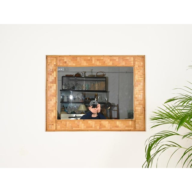 Wood Large French Riviera Rectangular Mirror in Bamboo and Woven Rattan, Italy, 1960s For Sale - Image 7 of 13