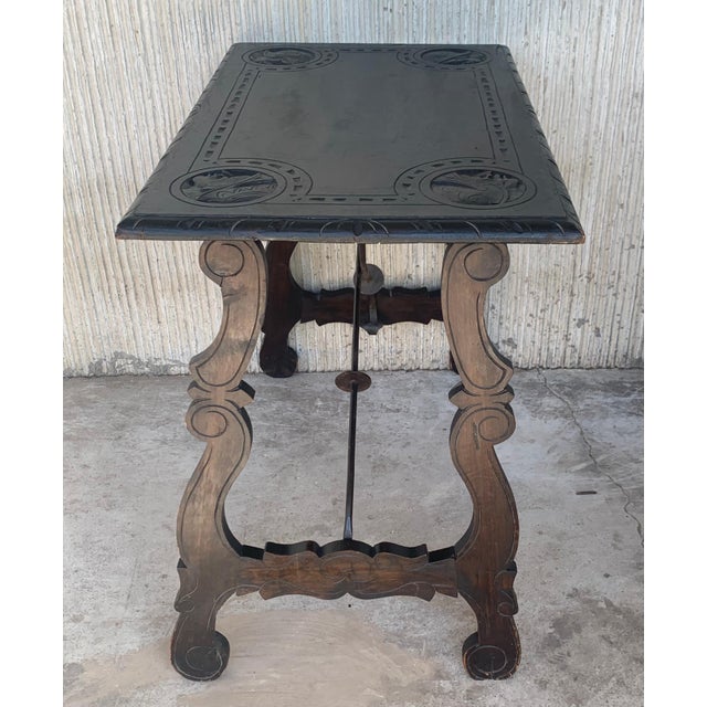 Late 19th Century 19th Century Spanish Baroque Side Table with Carved Top & Legs & Iron Stretchers For Sale - Image 5 of 18