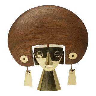 1970s Pre Columbian Brass Mask Sculpture With Walnut Crested Head by Joaquin Tinta For Sale