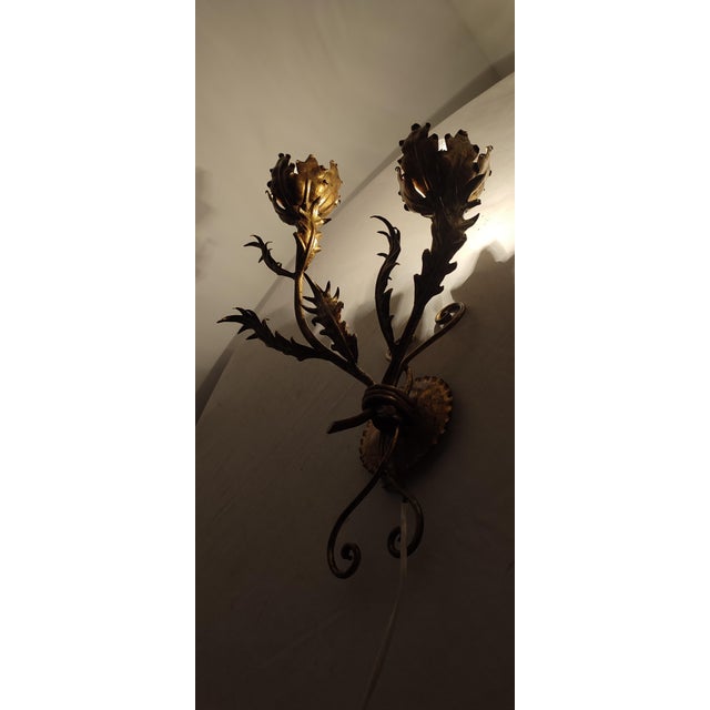 Wrought Iron Gold Leaf Wall Light. France, 1970s For Sale - Image 11 of 18