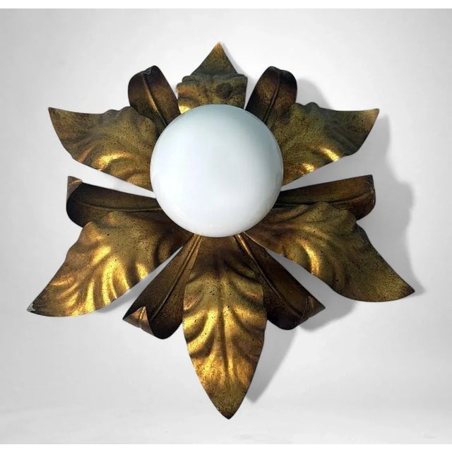 Mid 20th Century Mid 20th Century Italian Gilt Brass and Opaline Glass Flush Mount Ceiling or Wall Light For Sale - Image 5 of 18