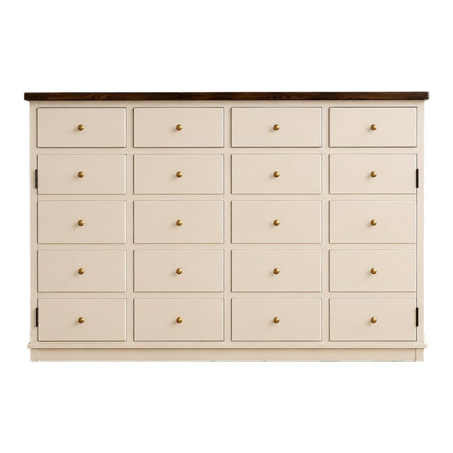 Mid 20th Century French Provincial Apothecary Style Multi-Drawer Cabinet in Sculpted Ivory With Walnut Top For Sale
