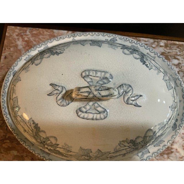 English Antique Blue & White Tureen / Covered Dish With Crackle Glaze and Lovely Ribbon & Acorn Motifs for Cottage Core & Collectors - See Pics! For Sale In New Orleans - Image 6 of 10