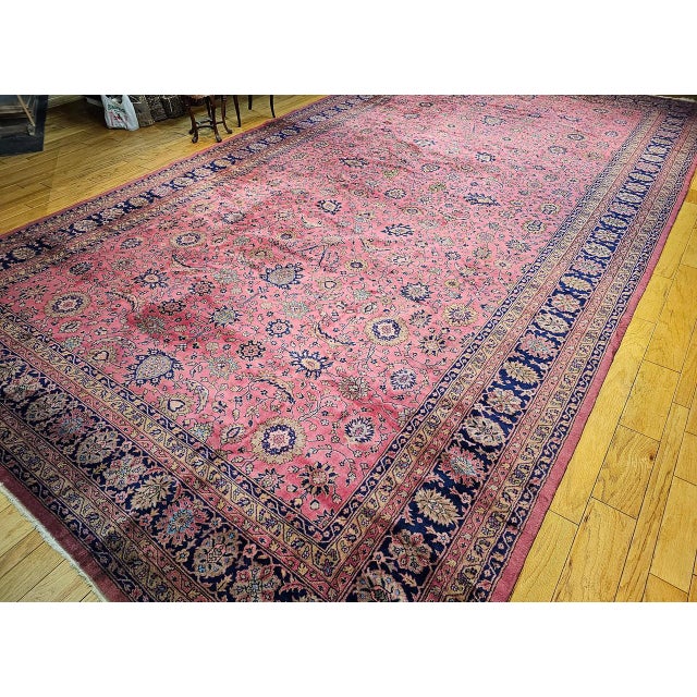 Vintage Oversize Tabriz Design Rug, Hand-Knotted Wool, Allover Geometric Pattern, Pale Red & Navy, 13x24 For Sale - Image 15 of 16