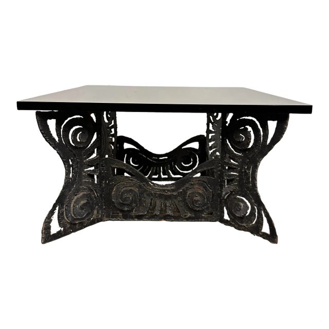 Brutalist Whimsical Torch Cut Side Table Smoked Glass Sculpted Metal For Sale