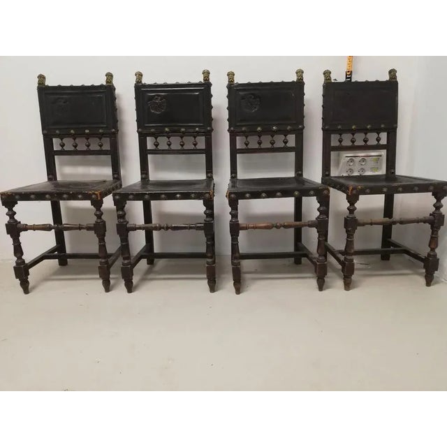 Set of 4 armchair from the 19th century in Rennaisance Louis XVIII style. In leather, solid wood and bronze. Good...