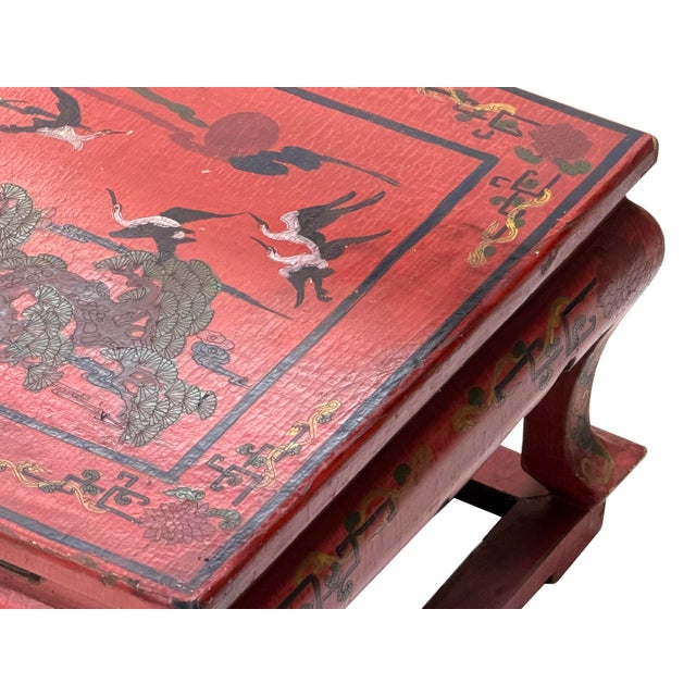 Vintage Distressed Red White Cranes Pine Graphic Rectangular Stand Table For Sale - Image 10 of 12