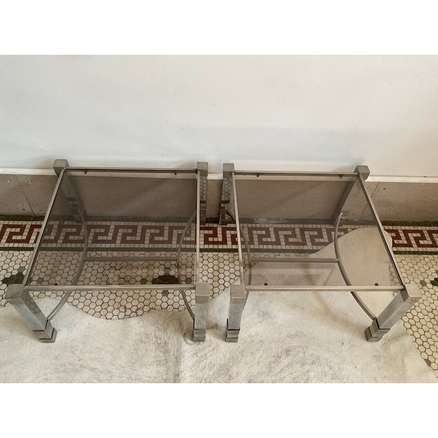 Pair of Metal Deco Tables With Smoked Glass Tops, 1960's, French For Sale - Image 4 of 17