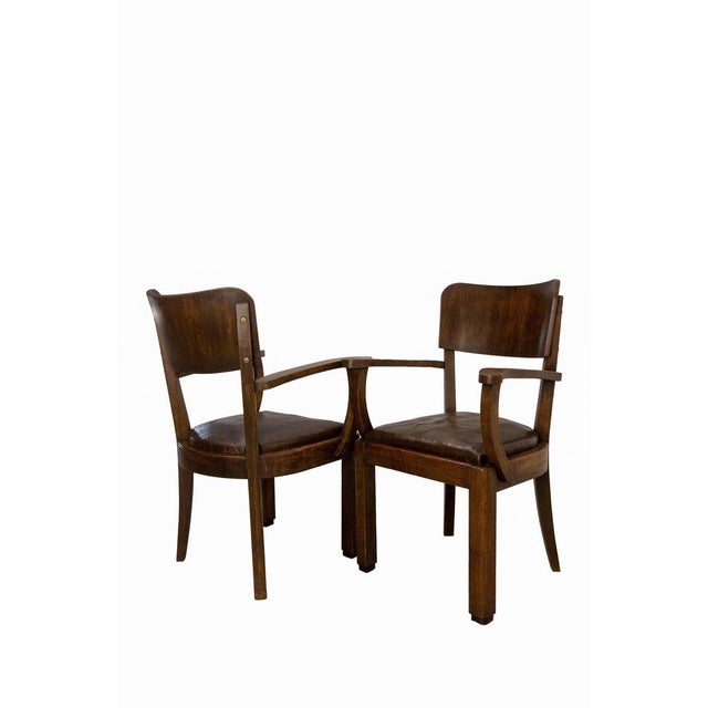 Antique French Beech Armchair in Leather and Wood, 1940, Set of 2 For Sale - Image 9 of 14