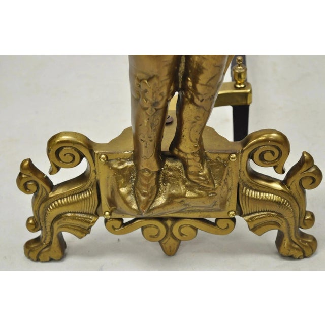 Mid 20th Century Vintage Renaissance Brass Figural Soldier Warrior Fireplace Andirons - A Pair For Sale - Image 5 of 11