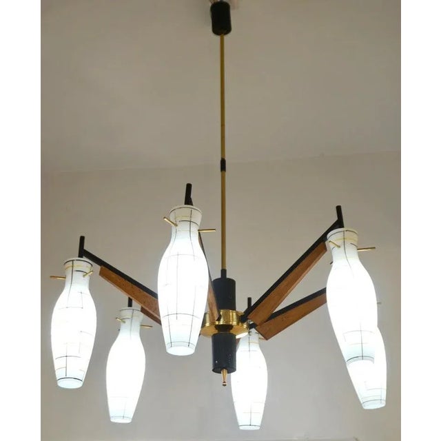 Mid-Century Modern Stilnovo 1958 Italian Black White Glass Pair of 6-Light Teak Brass Chandeliers - a Pair For Sale - Image 3 of 13