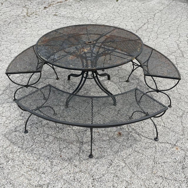 Mid 20th Century Woodard Round Patio Table with Three Benches, Attributed For Sale - Image 10 of 11