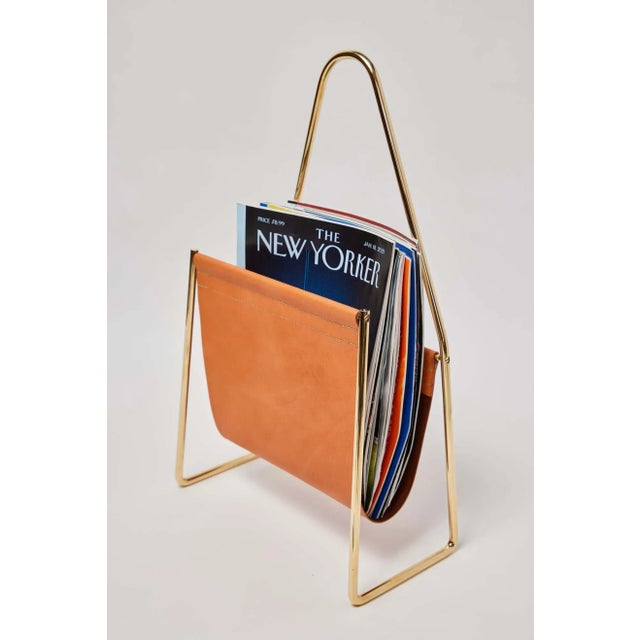 Metal Carl Auböck Model #3808 Brown Leather and Brass Magazine Rack For Sale - Image 7 of 12