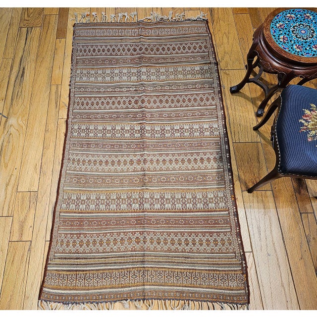 Tribal Antique Uzbek Tribal Soumak Kilim, Handwoven Stripe Pattern, Brown & Gold, 4x7 For Sale - Image 3 of 16