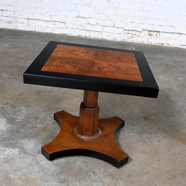 Late 20th Century Late 20th Century Baker Furniture Campaign Style Black & Natural Pedestal End Tables a Pair For Sale - Image 5 of 13