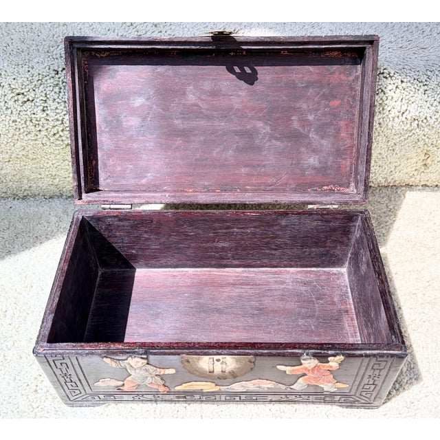 Antique Chinese Carved Rosewood Box With Figurines & Working Lock For Sale - Image 9 of 9