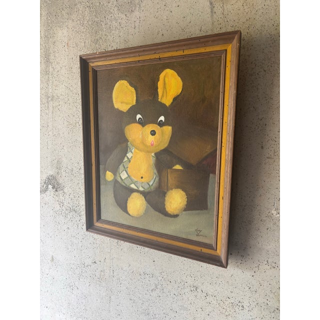Folk Art Vintage Teddy Bear Painting - Whimsical Rustic Modern Folk Art For Sale - Image 3 of 6