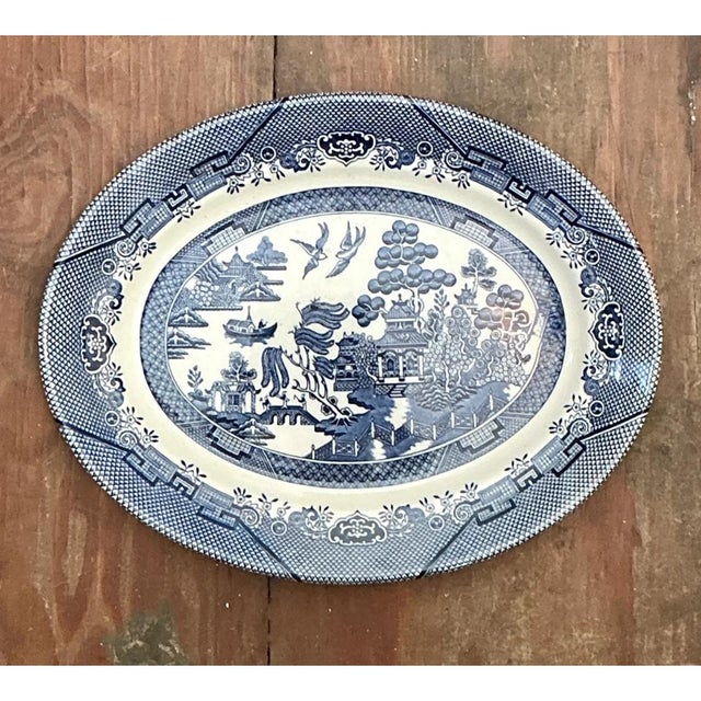 Vintage Chinese Blue Willow Ceramic Platter For Sale - Image 9 of 12
