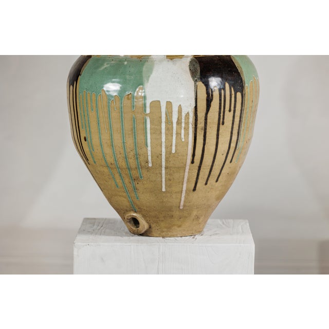 Large Antique Japanese Drip-Glazed Stoneware Jar with Multicolor Runs For Sale - Image 18 of 18