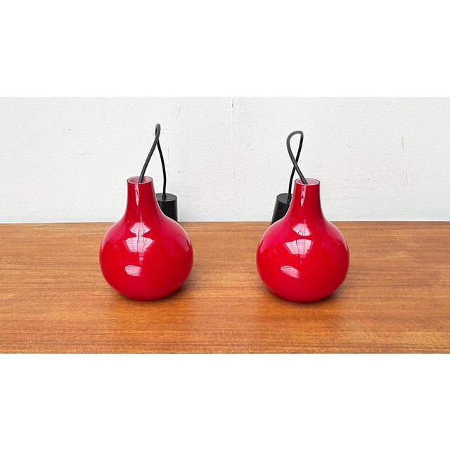 Mid-Century German Red Glass Pendant Lamps from Peill & Putzler, 1960s, Set of 2 For Sale - Image 9 of 18