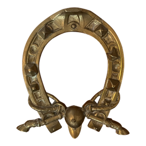 Antique 19th Century Brass Equestrian Horse Shoe Paperweight or Mount With Crossed Riding Crops & Helmet Crest
