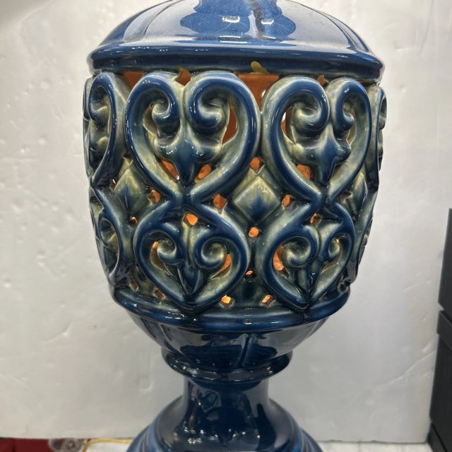 Mid-Century Modern Blue Ceramic Openwork Tabletop Lamp With Top and Bottom Light Sources For Sale - Image 3 of 11