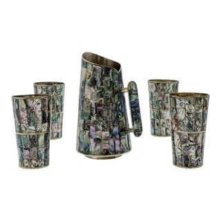 1960s Mexican Abalone Inlay Alpaca Silver Pitcher & 4 Tumblers Barware Set For Sale