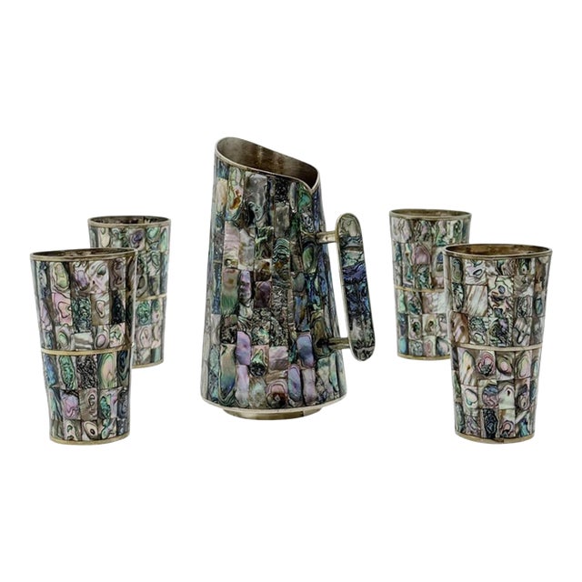 1960s Mexican Abalone Inlay Alpaca Silver Pitcher & 4 Tumblers Barware Set For Sale