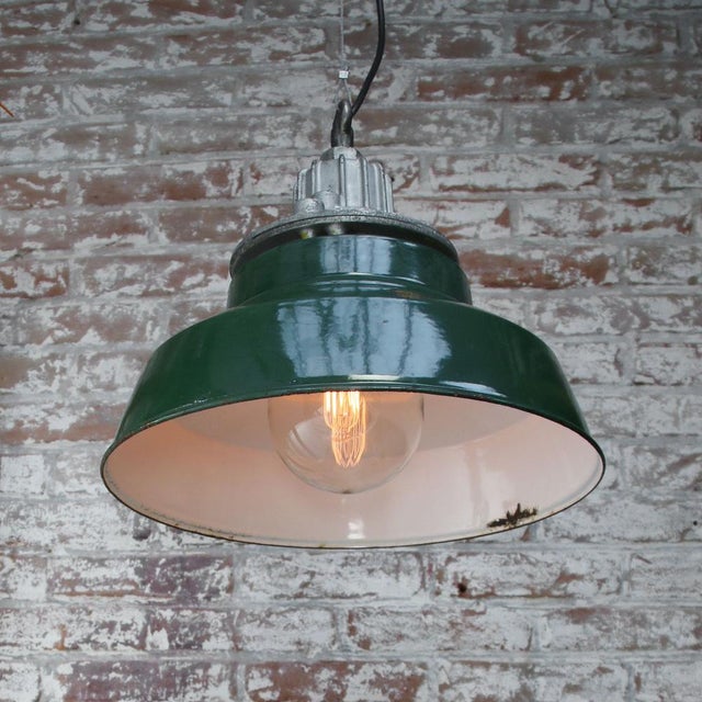 Metal Vintage Industrial British Pendant Lamp in Enamel, Cast Iron, and Glass from Maxlume For Sale - Image 7 of 8