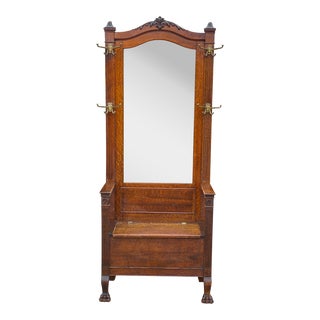 Antique Victorian Quartersawn Oak Entryway Mirrored Hall Tree Bench For Sale
