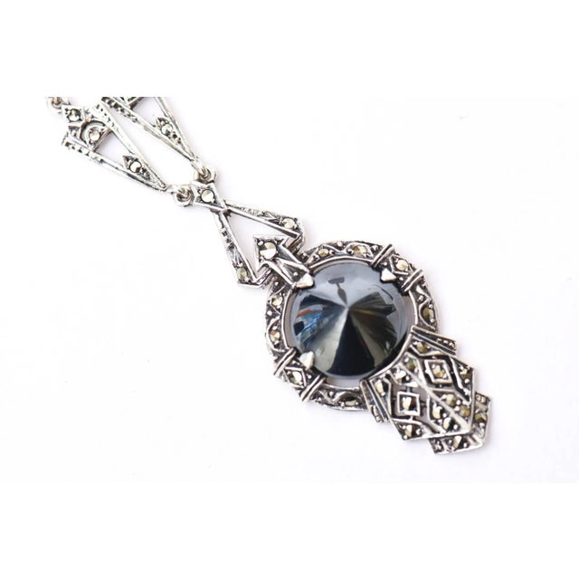 1930's Art Deco Sterling Silver, Hematite and Marcasite Necklace For Sale - Image 4 of 8