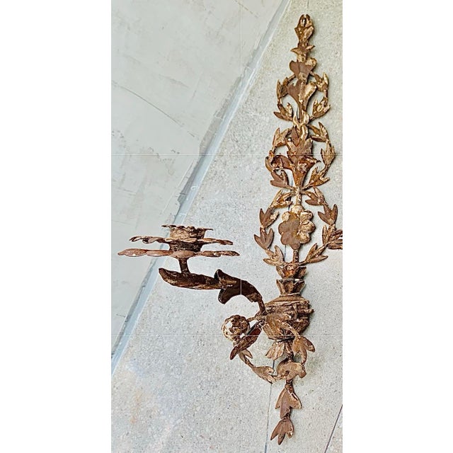 Metal Late 20th Century Vintage French Provincial Iron Botanical Candle Sconces Light With Chippy Paint Finish- A Pair For Sale - Image 7 of 12