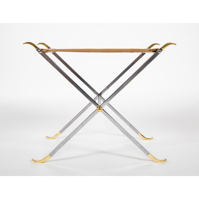Mid-Century Modern Pair Maison Jansen Style Polished Steel and Brass X-Stools With Leather Seats For Sale - Image 3 of 7