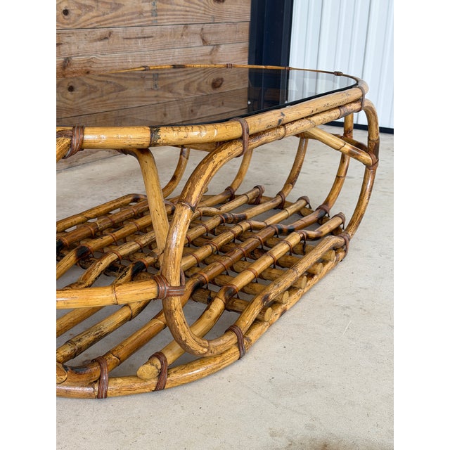 Vintage Coastal Sculptural Rattan Coffee Table With Original Smoked Glass Top For Sale In Naples, FL - Image 6 of 12