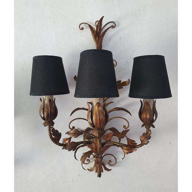Black Mid-Century Venetian Tole Wall Sconces with Gilded Leaves, 1950s, Set of 2 For Sale - Image 8 of 11