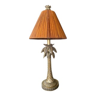 Vintage Brass Palm Tree Table Lamp With Original Rattan Shade | Hollywood Regency Tropical Palm Lamp, 1970s For Sale