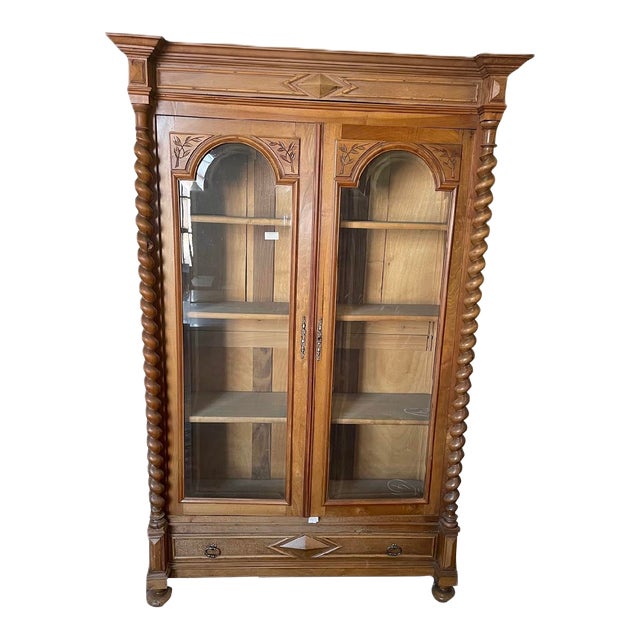 1900s Tall Walnut Display Cabinet For Sale