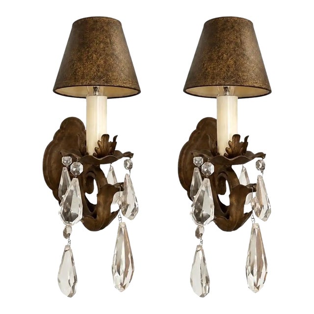 1960s French Regency Style Bronze Wall Sconces With Crystal Drops and Shades, a Pair For Sale