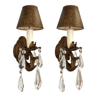 French Regency Style Bronze Wall Sconces With Crystal Drops and Shades, a Pair For Sale