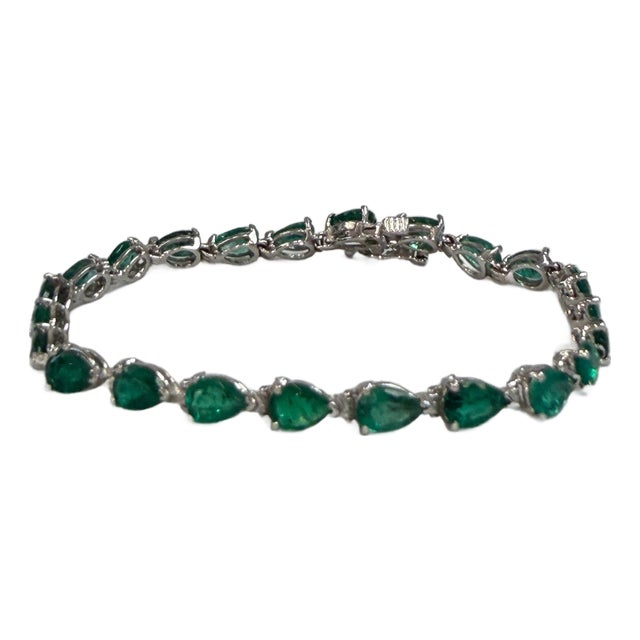 12 Ct Natural Pear Shape Emerald Cocktail Tennis Bracelet 14 Kt White Gold 7" For Sale
