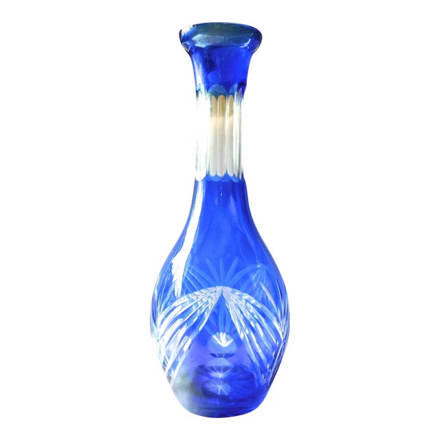 1950s Blue Cut to Clear Glass Bottle or Decanter # 20453 For Sale