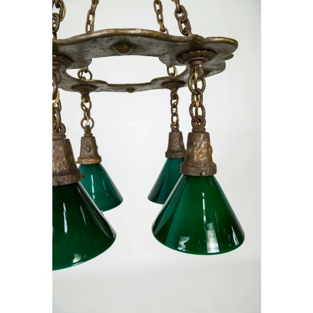 Arts & Crafts Hammered Darkened Metal Chandelier With Green Glass Shades For Sale - Image 10 of 12