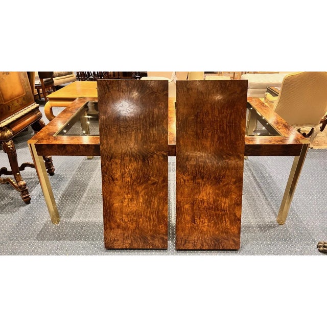 Wood 1970s Century Furniture Burl Wood and Brass Dining Table (Two Leaves) For Sale - Image 7 of 9