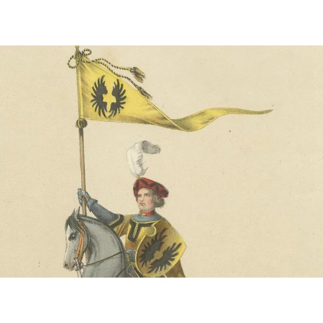 Title: 1855 Grand Cavalcade – Hans von Hallwyl and His Household Banner : This elegant hand-colored lithograph, created by...