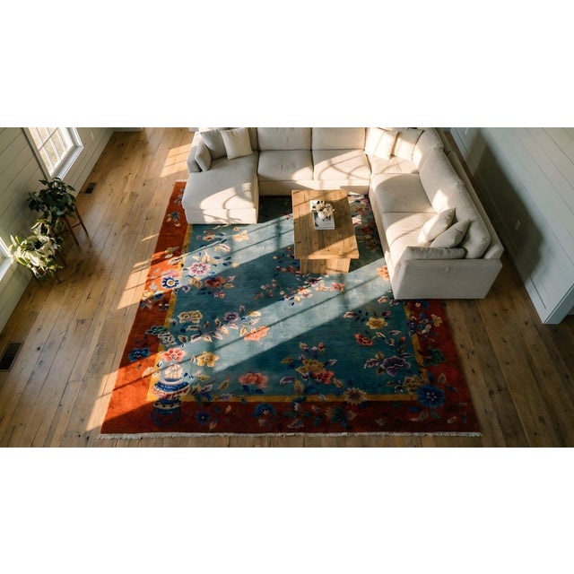 1920s Turquoise Vase Floral Antique Chinese Art Deco Rug 10' 8" X 11' 8" Knotted Wool Carpet For Sale - Image 18 of 18