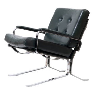 Lounge Chair in Green Leather and Chrome in the style of Olivier Mourgue, 1970s For Sale