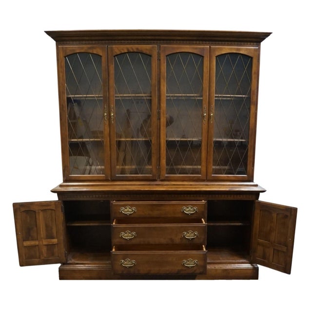 Wood Ethan Allen Classic Manor Solid Maple 66" Buffet W. Lighted Display China Cabinet 15-6026 / 15-6028 For Sale - Image 7 of 14