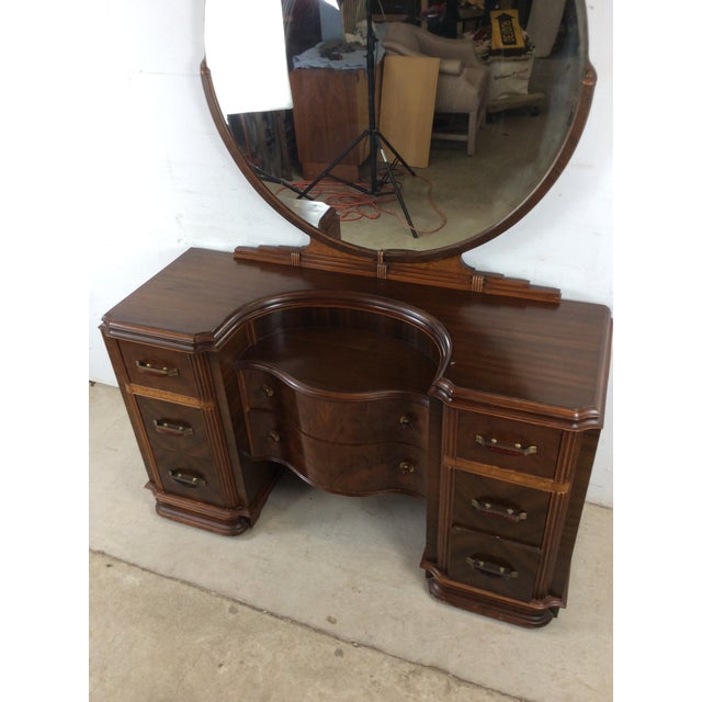 Art Deco Art Deco Vanity With 8 Dovetailed Drawers and Round Mounted Mirror For Sale - Image 3 of 18